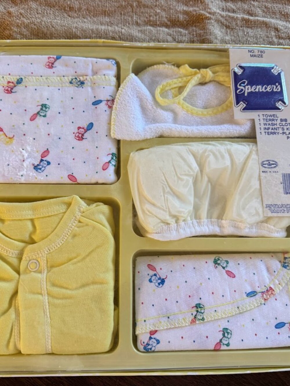 Vintage Spencer's Infant Baby Gift Set #780 Maize Yellow Towel Kimono Bib Wash